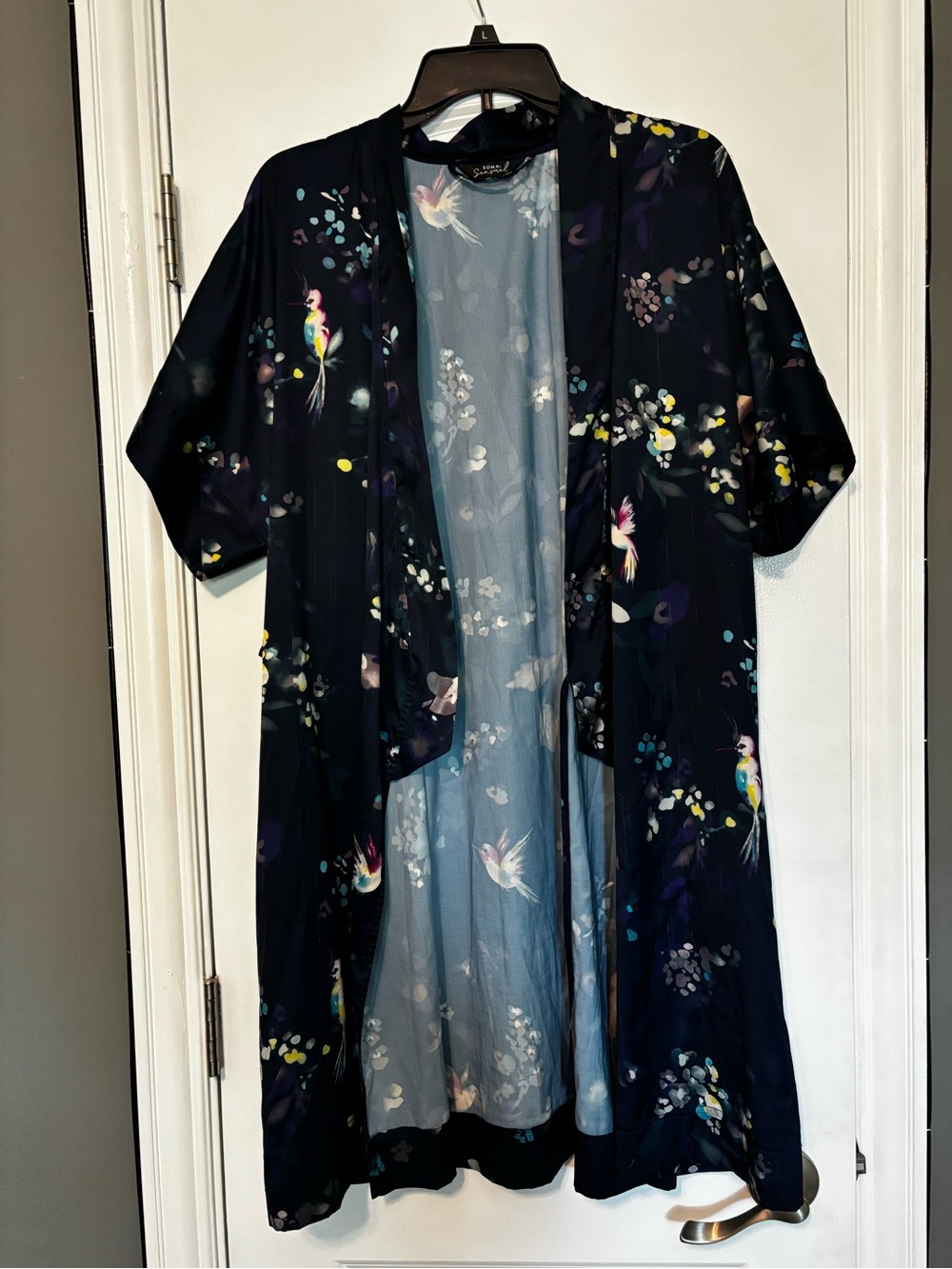 Soma Women's Navy Floral Kimono Robe with humming birds XL